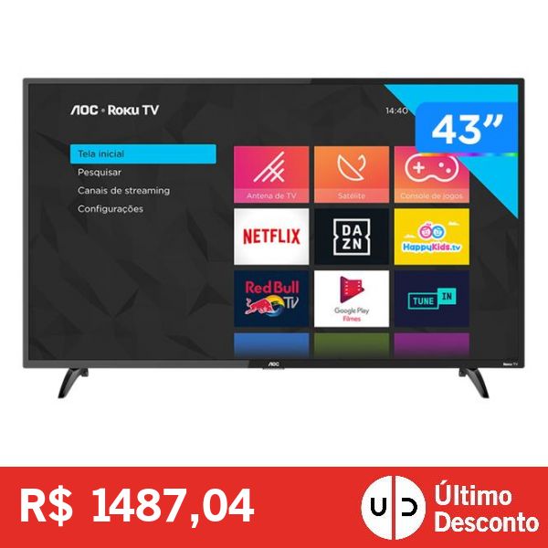Smart TV Full HD LED 43” AOC 43S5195/78G  WiFi 3 HDMI 1 USB Roku TV