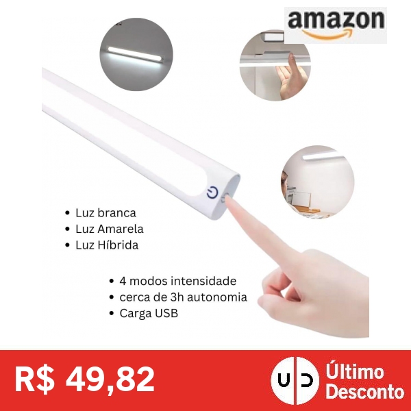 Luminária LED Barra Recarregável USB - Sem Fio Versátil para Parede Armário Cozinha e Banheiro Luz Ajustável Quente e Fria